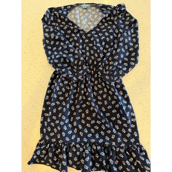 Draper James Dresses & Skirts - Draper James Navy Floral A-Line Dress Ruffle V-Neck Long Sleeve Short Pullover S